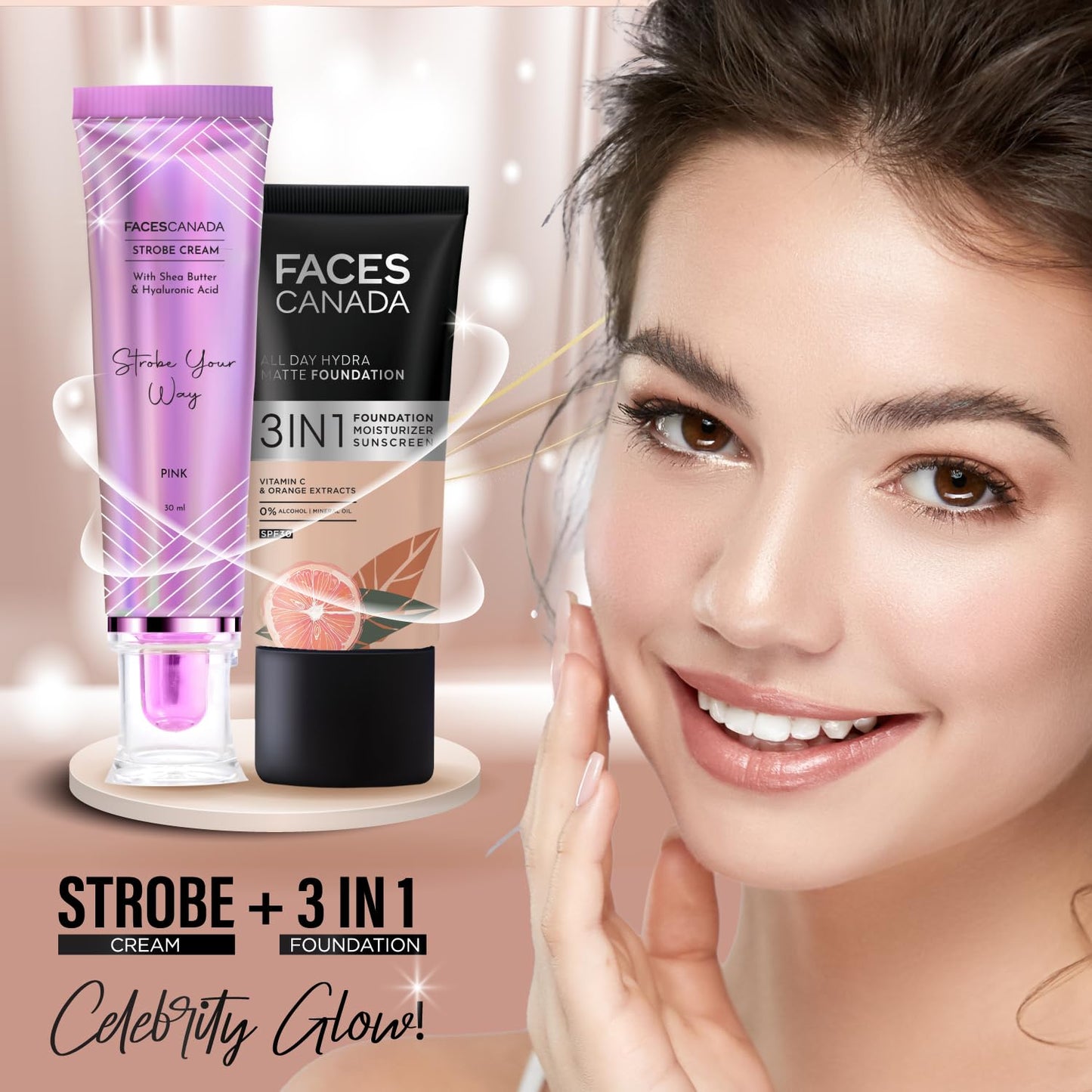 FACESCANADA Strobe Cream - Rose Gold, 30Ml | Primer + Highlighter + Moisturizer | Shea Butter & Hyaluronic Acid | Intense Hydration | Flawless Radiant Dewy Skin | Illuminating & Glowing Makeup Base