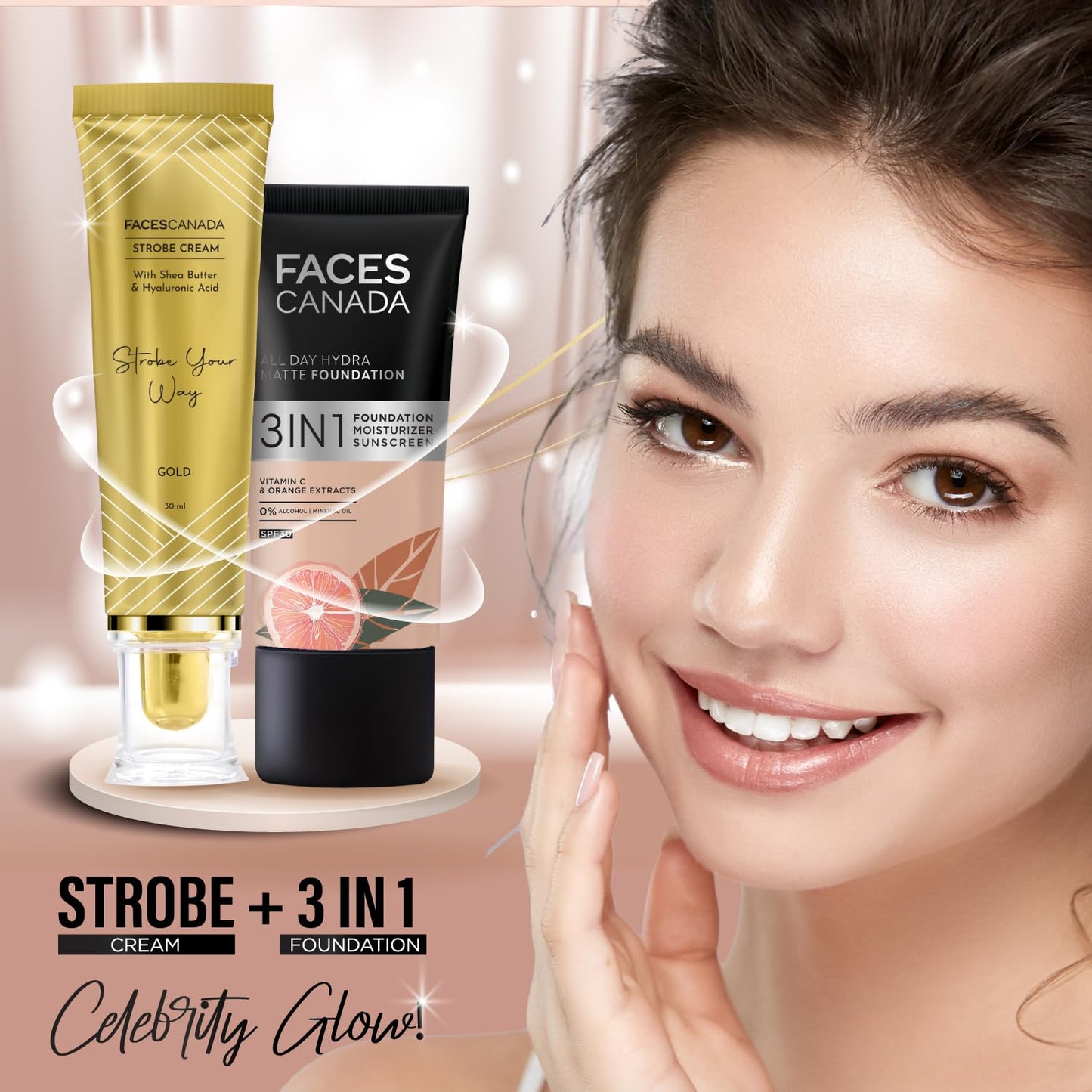 FACESCANADA Strobe Cream - Rose Gold, 30Ml | Primer + Highlighter + Moisturizer | Shea Butter & Hyaluronic Acid | Intense Hydration | Flawless Radiant Dewy Skin | Illuminating & Glowing Makeup Base