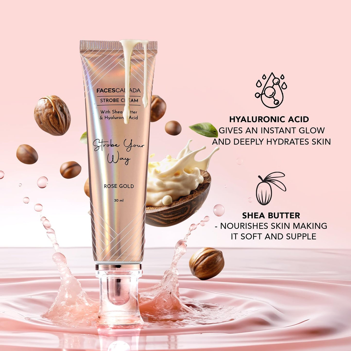 FACESCANADA Strobe Cream - Rose Gold, 30Ml | Primer + Highlighter + Moisturizer | Shea Butter & Hyaluronic Acid | Intense Hydration | Flawless Radiant Dewy Skin | Illuminating & Glowing Makeup Base
