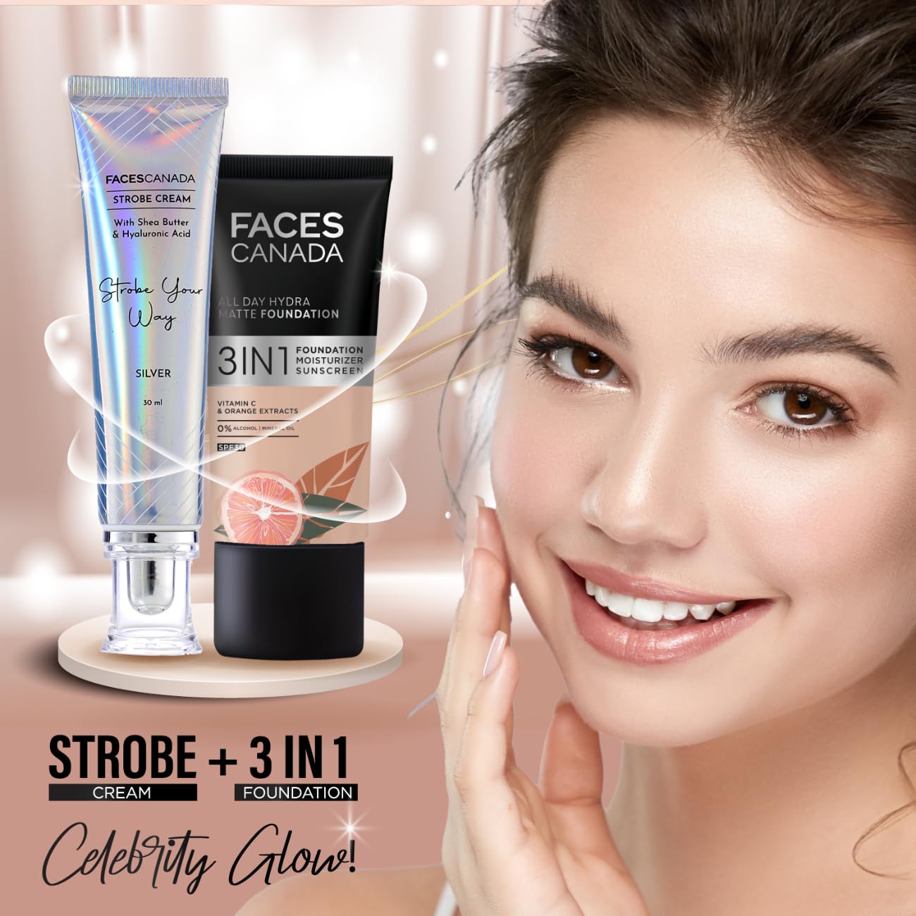 FACESCANADA Strobe Cream - Rose Gold, 30Ml | Primer + Highlighter + Moisturizer | Shea Butter & Hyaluronic Acid | Intense Hydration | Flawless Radiant Dewy Skin | Illuminating & Glowing Makeup Base