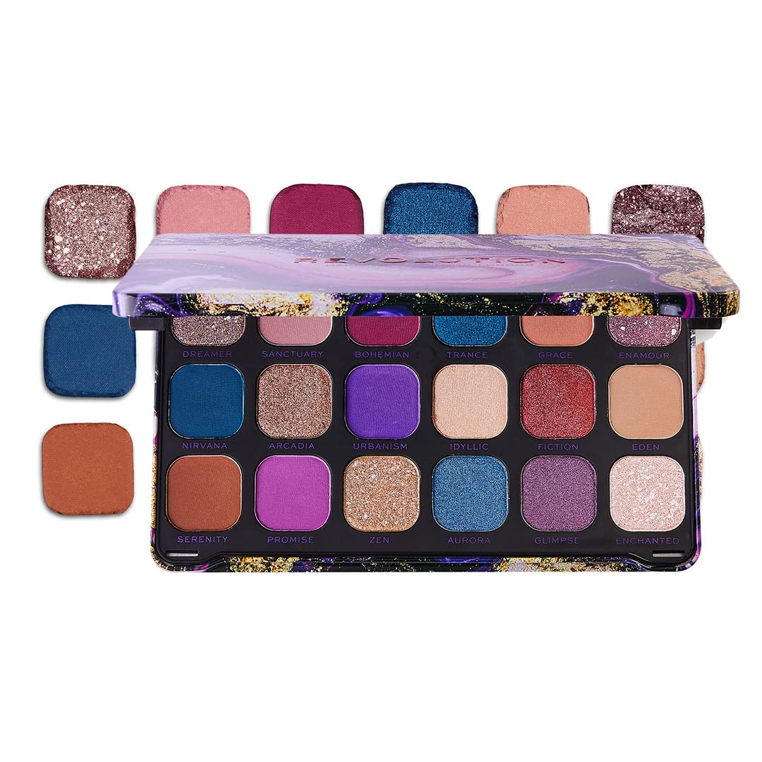 Makeup Revolution Eyeshadow Palette, Highly Pigmented includes 18 shades, Long Wearing and Easily Blendable Eye with Shimmary and Matte Finish, Forever Flawless Allure - 19g