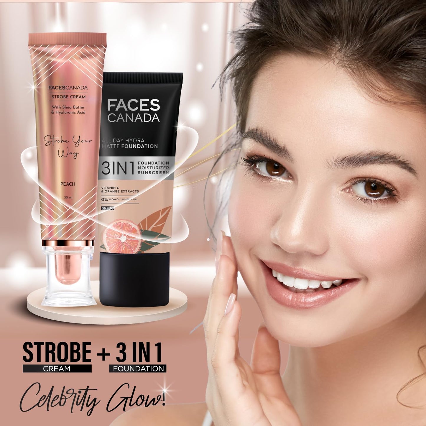 FACESCANADA Strobe Cream - Rose Gold, 30Ml | Primer + Highlighter + Moisturizer | Shea Butter & Hyaluronic Acid | Intense Hydration | Flawless Radiant Dewy Skin | Illuminating & Glowing Makeup Base